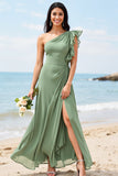 Dusty Sage One Shoulder Ruched A Line Long Bridesmaid Dress With Slit