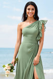 Dusty Sage One Shoulder Ruched A Line Long Bridesmaid Dress With Slit
