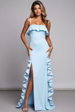 Blue Ruffled Sheath Long Bridesmaid Dress with Slit
