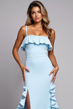 Blue Ruffled Sheath Long Bridesmaid Dress with Slit