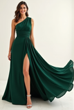 Green Chiffon One Shoulder Long Bridesmaid Dress with Slit