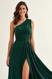 Green Chiffon One Shoulder Long Bridesmaid Dress with Slit