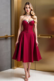 Strapless Beaded Dark Red A Line Midi Wedding Guest Dress