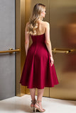 Strapless Beaded Dark Red A Line Midi Wedding Guest Dress
