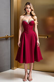 Strapless Beaded Dark Red A Line Midi Wedding Guest Dress