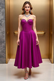 Strapless Beaded Fuchsia A Line Midi Wedding Guest Dress