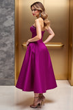 Strapless Beaded Fuchsia A Line Midi Wedding Guest Dress