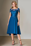 Lace Appliqued Peacock Blue A Line Mother of The Bride Dress