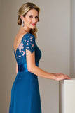 Lace Appliqued Peacock Blue A Line Mother of The Bride Dress