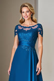 Lace Appliqued Peacock Blue A Line Mother of The Bride Dress