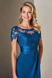Lace Appliqued Peacock Blue A Line Mother of The Bride Dress