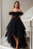 Black A Line Off the Shoulder Tulle Formal Dress with Ruffles