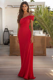 Red Sheath One Shoulder Ruched Long Formal Dress