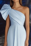 Sky Blue Satin Sheath Long Formal Dress with Ruffles