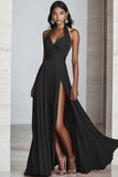 Black A Line Halter Chiffon Long Pleated Formal Dress