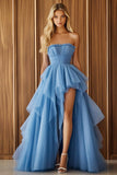 Blue A Line Ruffled Asymmetrical Formal Dress