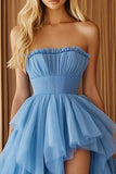 Blue A Line Ruffled Asymmetrical Formal Dress