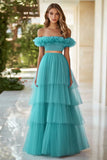 Off The Shoulder Lake Blue Tiered Formal Dress