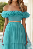 Off The Shoulder Lake Blue Tiered Formal Dress