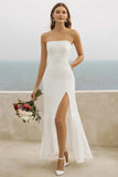 White Strapless Sheath Long Engagement Dress With Slit