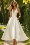 White V Neck A Line Satin Long Wedding Dress