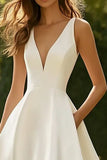 White V Neck A Line Satin Long Wedding Dress