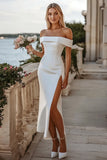 Simple Off The Shoulder Satin White Bodycon Midi Wedding Dress with Slit