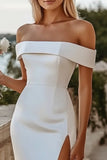 Simple Off The Shoulder Satin White Bodycon Midi Wedding Dress with Slit