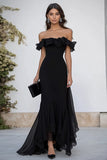 Off The Shoulder A Line Black Tie Dress With Ruffles
