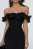 Off The Shoulder A Line Black Tie Dress With Ruffles