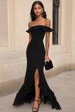 Off The Shoulder A Line Black Tie Dress With Slit