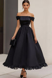 Off The Shoulder A Line Black Tie Dress With Ruffles