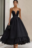 A Line Satin Black Tie Dress With Appliques