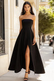 Strapless A Line Black Tie Dress With Slit