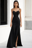 A Line Satin Black Tie Dress With Slit