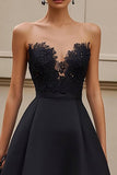 Strapless A Line Lace Black Tie Dress