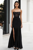 A Line Lace Black Tie Dress With Slit