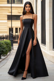 A Line Satin Black Tie Dress With Slit