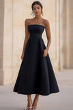 Strapless A Line Satin Black Tie Dress