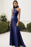 Navy Halter A Line Satin Formal Dress