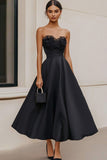 Strapless A Line Satin Black Tie Dress With Lace