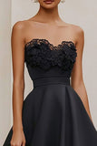 Strapless A Line Satin Black Tie Dress With Lace