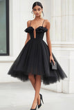A Line V Neck Tulle Little Black Dress With Ruffles