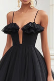 A Line V Neck Tulle Little Black Dress With Ruffles