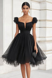 A Line Tulle Cap Sleeves Little Black Dress