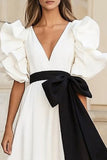 Satin A Line V Neck Little White Dress With Ruffles