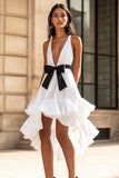 A Line V Neck High-Low Little White Dress With Bow