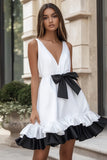 A Line V Neck Ruffled Little White Dress