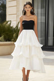 A Line Strapless Satin Tiered Little White Dress