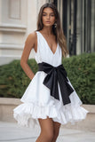 A Line V Neck Little White Dress With Bow